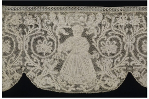 Bobbin lace border from Belgium, commemorating the accession to the throne of King Charles II in 1665.