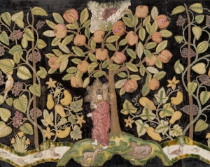 Detail of an embroidered panel from Britain, late-16th century, representing the Biblical Garden of Eden.