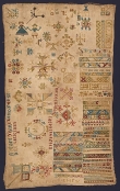 Dutch 17th century sampler, on display in the exhibition 'American and European Embroidered Samplers, 1600-1900'.