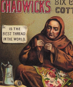 Advertising card for Chadwick's six-cord cotton, showing St. Clare embroidering, late 19th century.