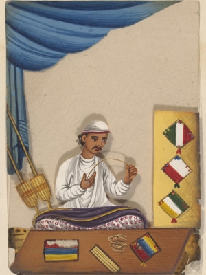 Gouache of embroiderer of scabbard cases, North India, c. 1870.
