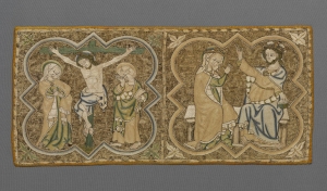 Embroidery on a 14th century burse, in Opus Anglicanum style.