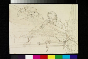 Drawing of three men seated at a gold embroidery frame. Delhi, 1870