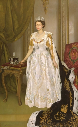 State portrait of Queen Elizabeth II wearing the coronation dress and purple Robe of Estate (portrait by Sir Herbert James Gunn [1893-1964]; 