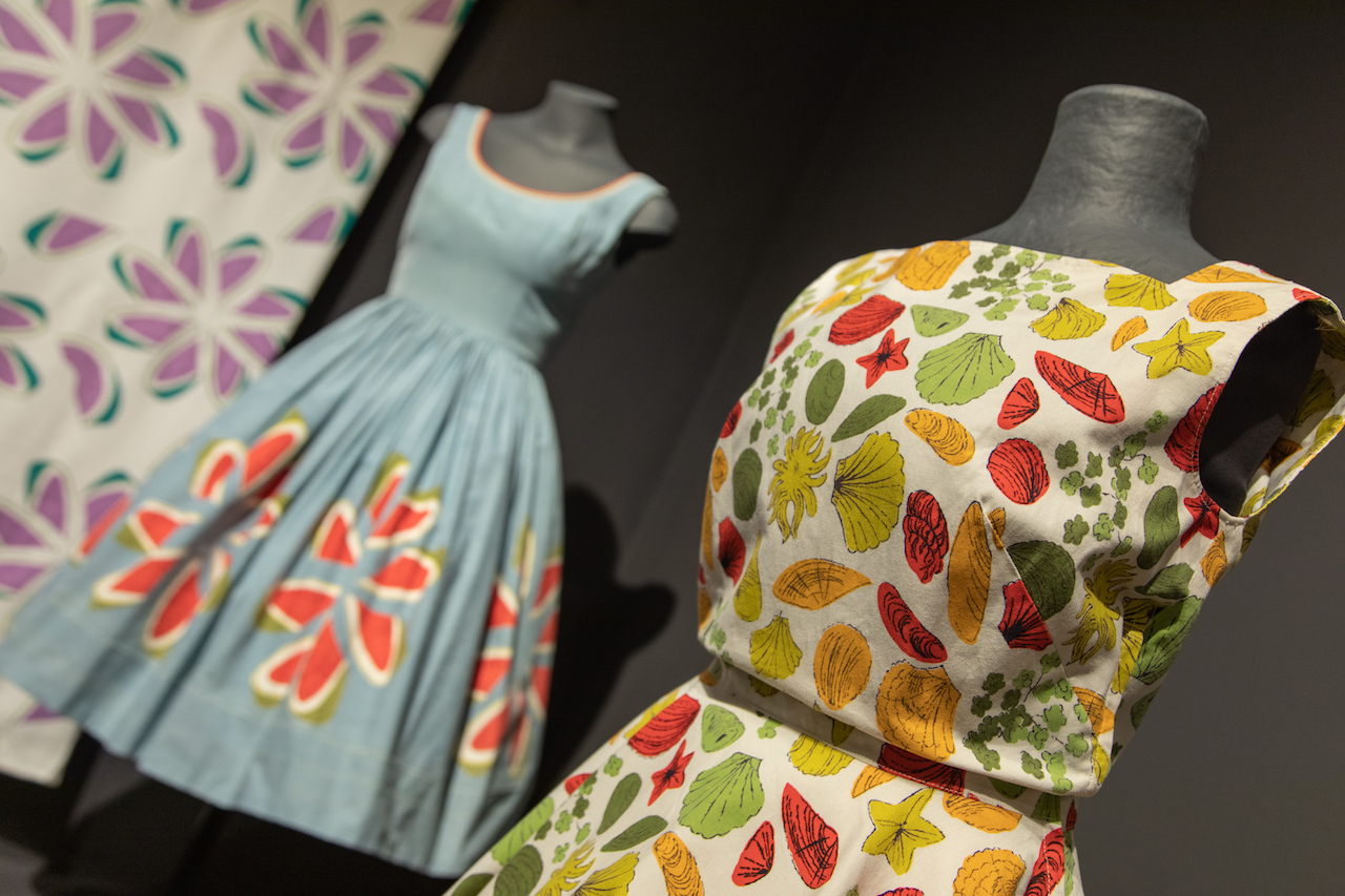 Printed dresses with designs by Andy Warhol, based on shells, starfish and plants. Courtesy of the Fashion + Textile Museum London. 