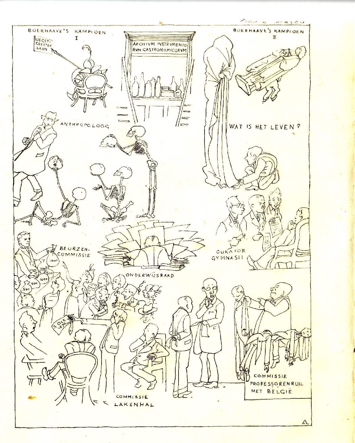 Drawing made by Professor Johan Huizinga for Tom Barge, at that time the Chancellor of Leiden University, on the occasion of the Dies Natalis diner on 8 February 1938.