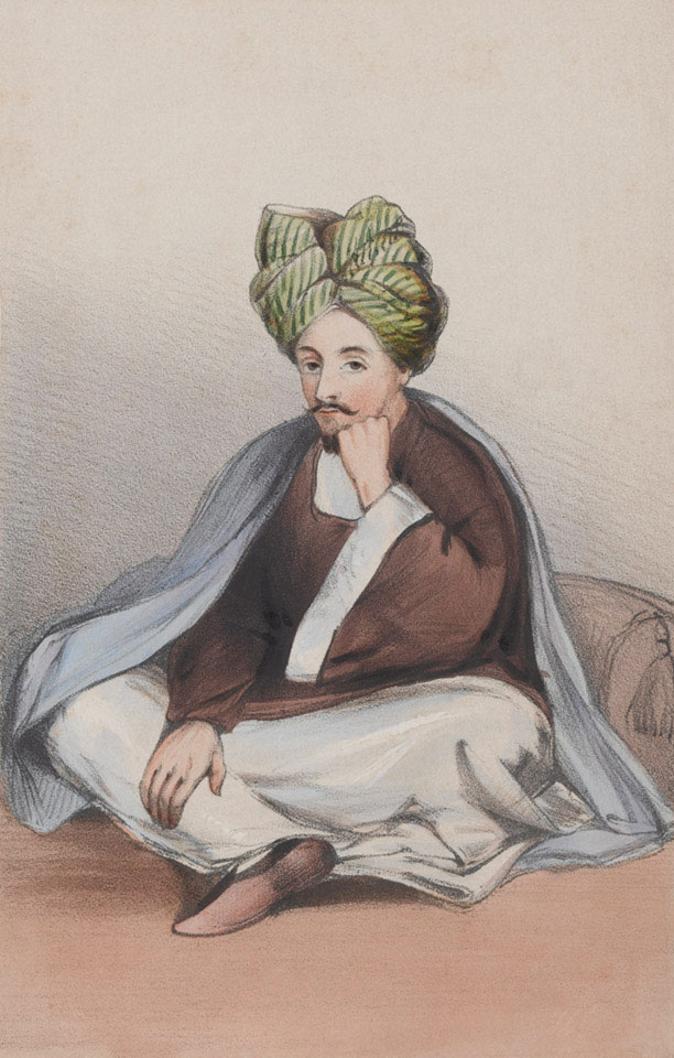 Colin Mackenzie, by Vincent Eyre, drawn while in captivity in Afghanistan, 1842. Called 'the English mullah' by the Afghans because of his religious convictions, he is drawn wearing simple Afghan clothing, with baggy trousers, a tunic, a qabâ-style jacket, a blanket across the shoulders, and some form of turban.