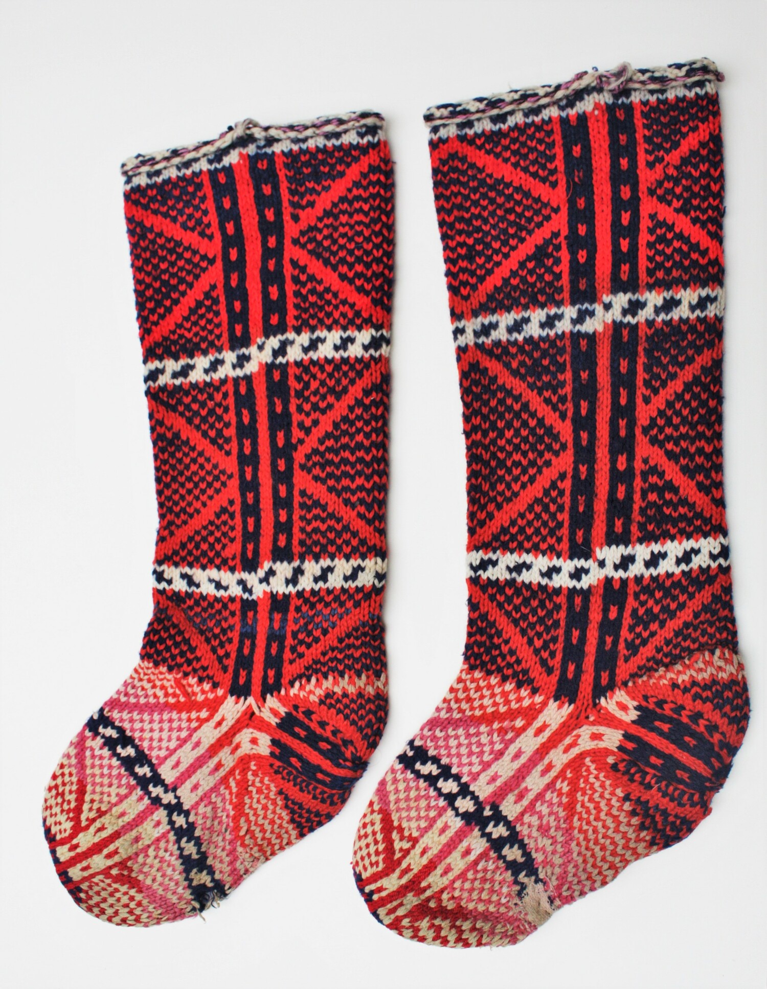 Hand-knitted Hazara socks from Central  Afghanistan, late 20th century (TRC 1997.0042a b).