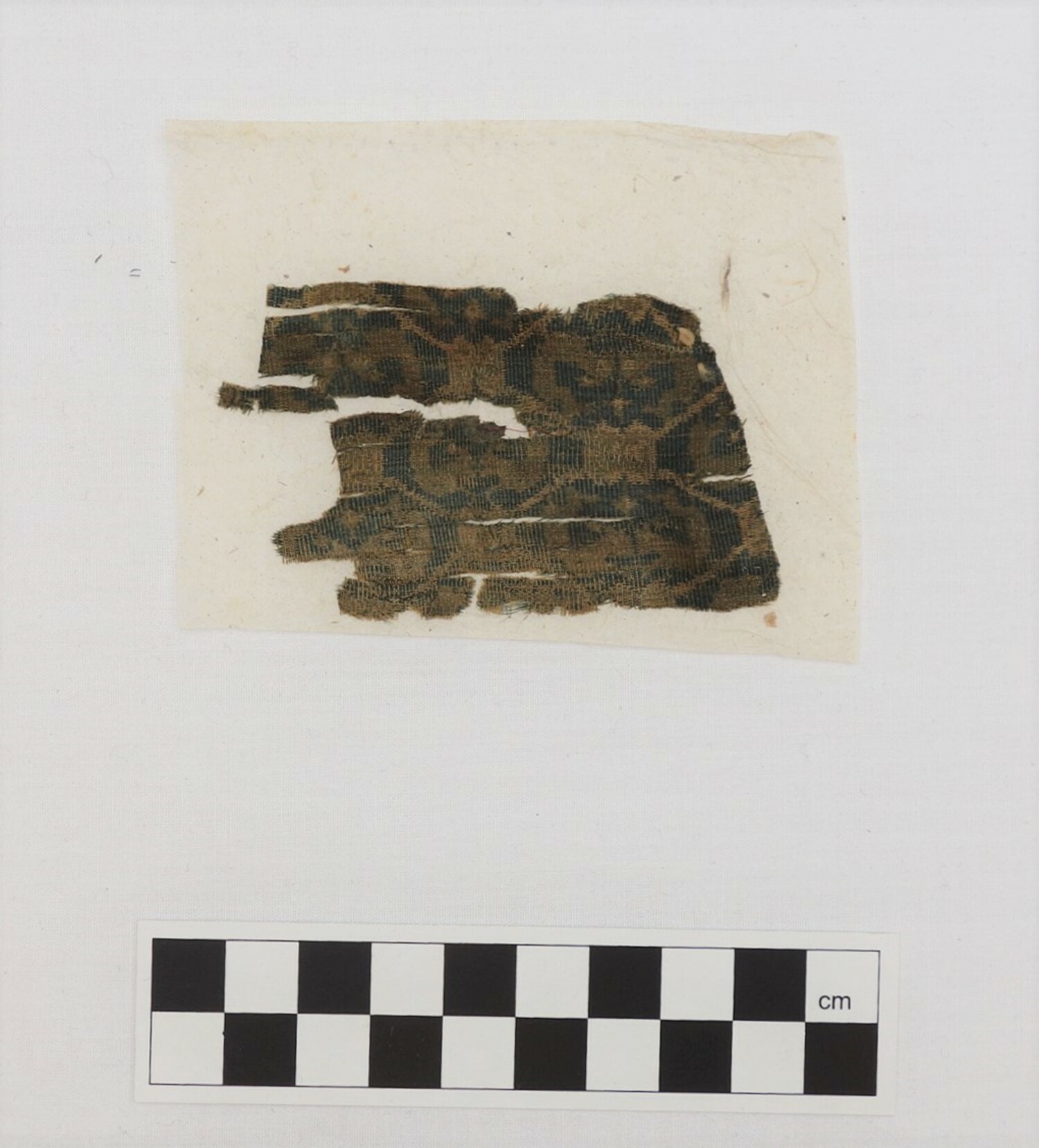Silk cloth fragment from Xinjiang, probably Niya, dug up by Aurel Stein. The sample may date to the 2nd century AD (TRC 2000.0012).