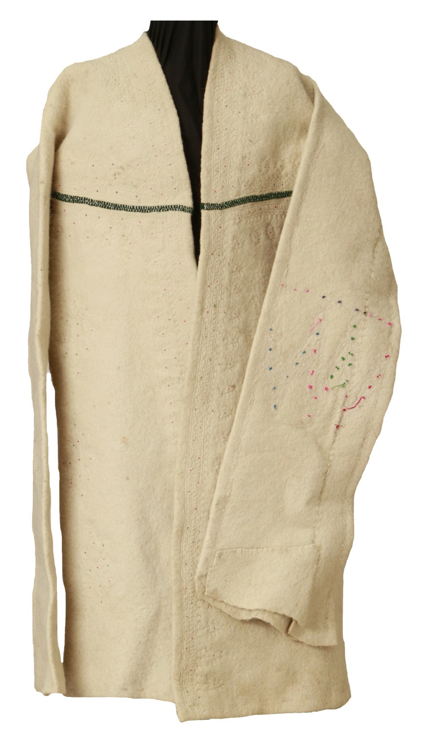 Felt coat (khosai) from Uruzgan, Afghanistan, early 21st century (TRC 2010.0087). Click on illustration for more information.