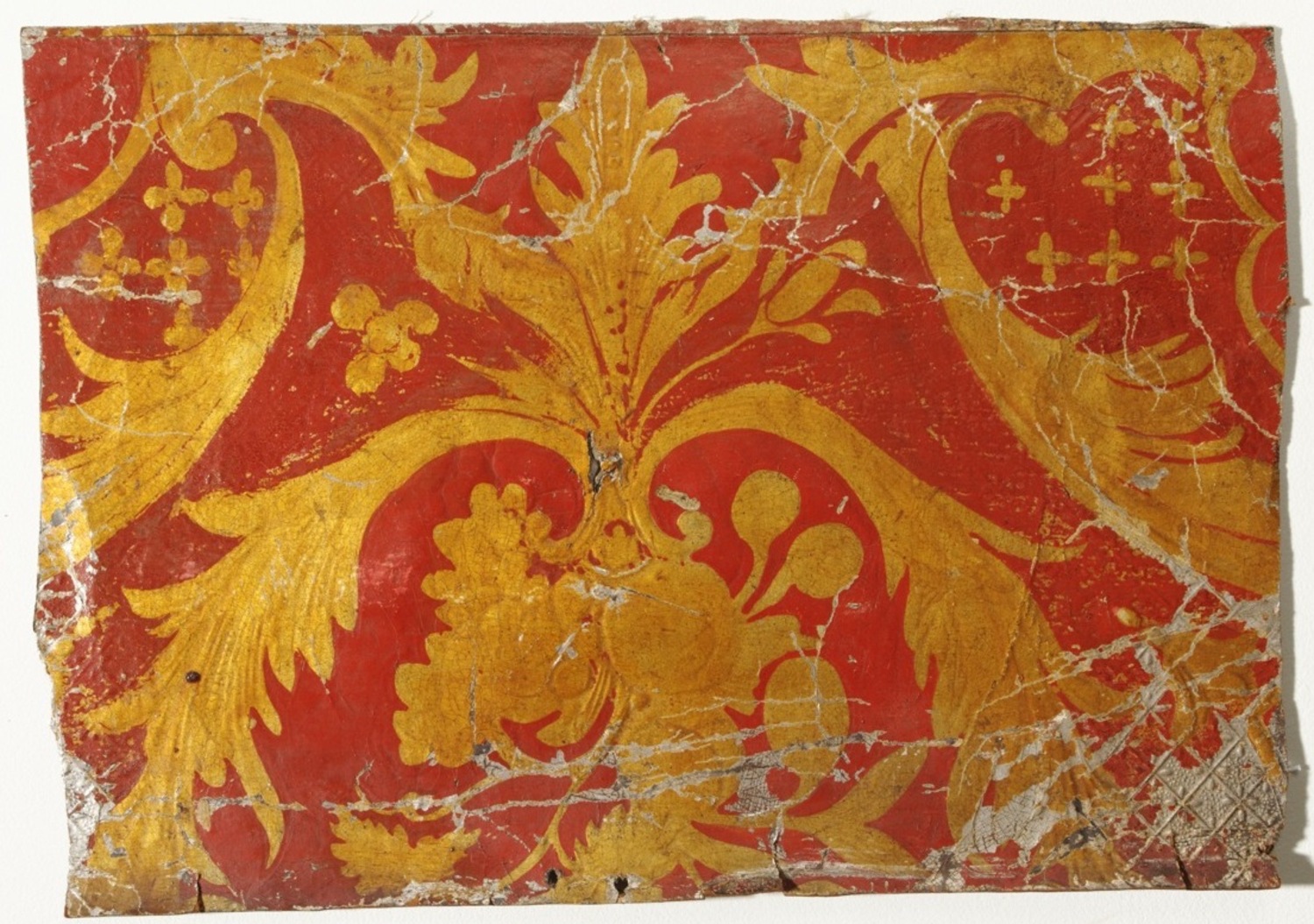 Piece of leather wall paper, decorated with silver leaf, gold varnish and paint, Europe, 18th century (TRC 2011.0459).