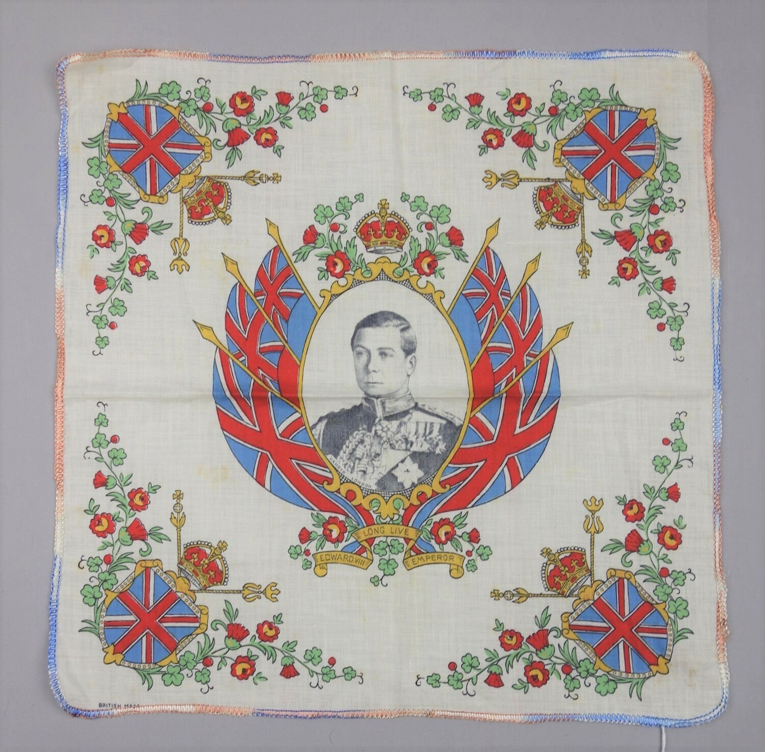 Kerchief produced to commemorate the coronation of Edward VIII in 1937. The coronation never took place. TRC 2015.0405).