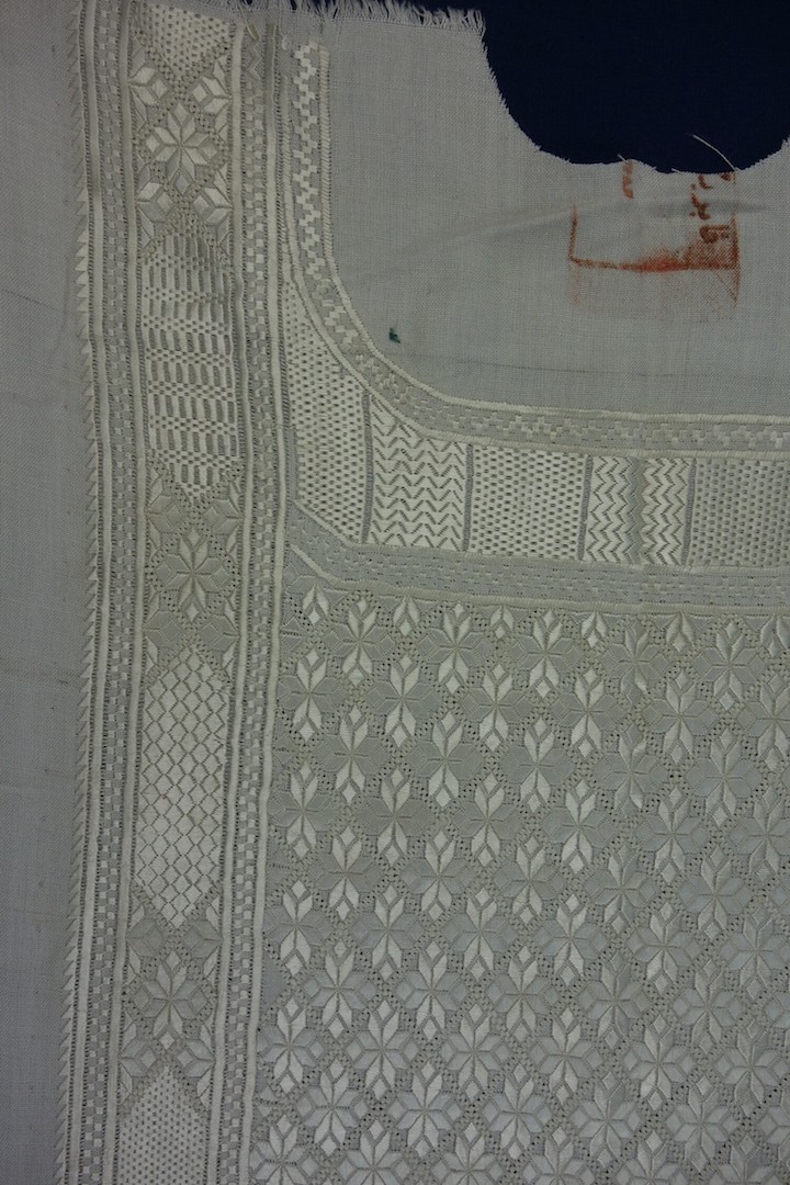 Whitework embroidery on a Kandahar-style shirt, Afghanistan, 1960s-1970s (TRC 2016.1788).