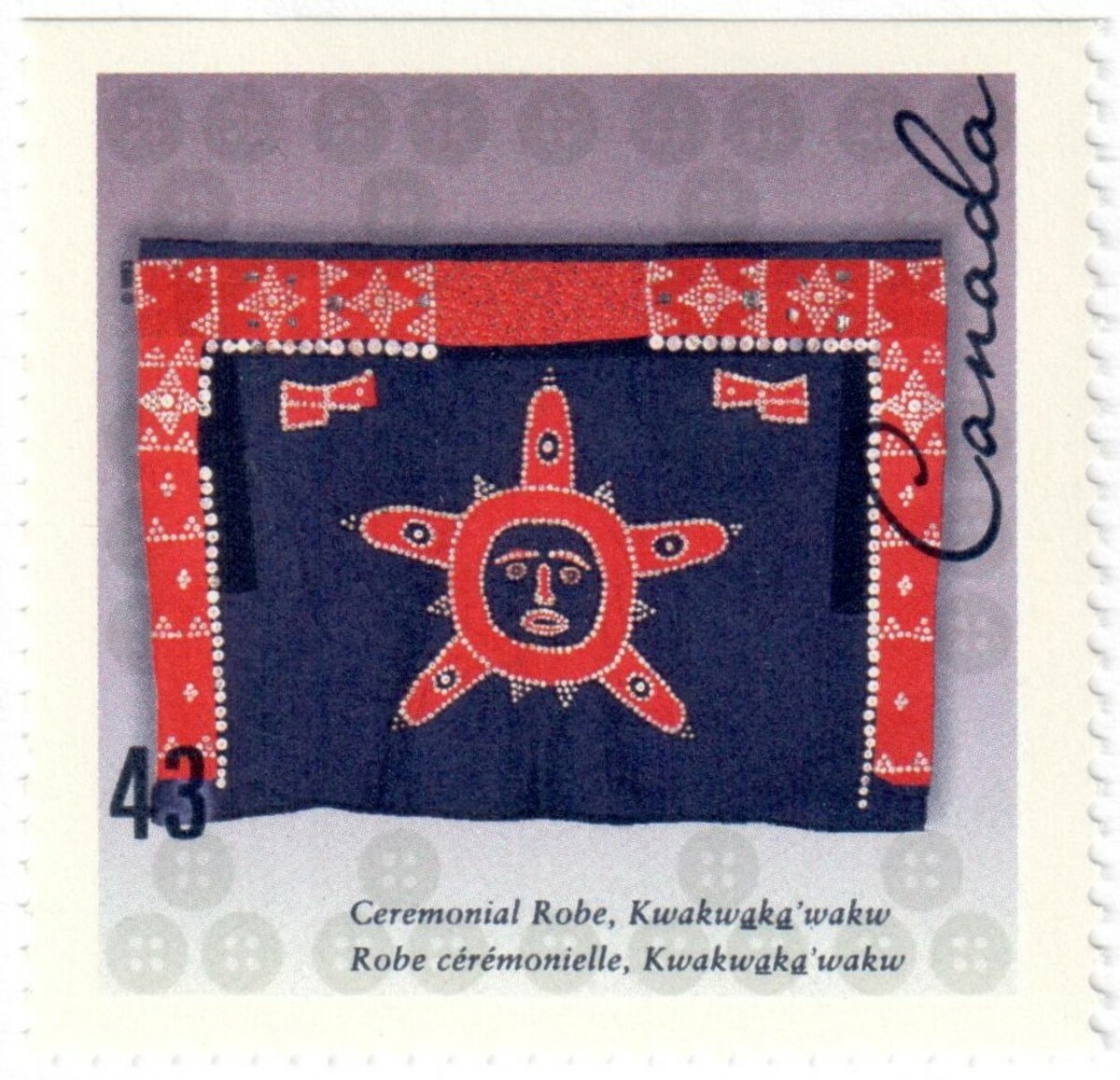 Canadian postage stamp, 1993, showing a ceremonial robe called Kwakwaka'wakw (TRC 2016.2081e).