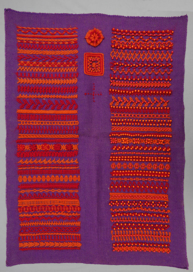 Sampler with a variety of stitches, embroidered by Grethe la Croix in the Netherlands, 1960s (TRC 2017.0216). To the left are different rows of stitches, and to the right the same stitches, but with added beads.