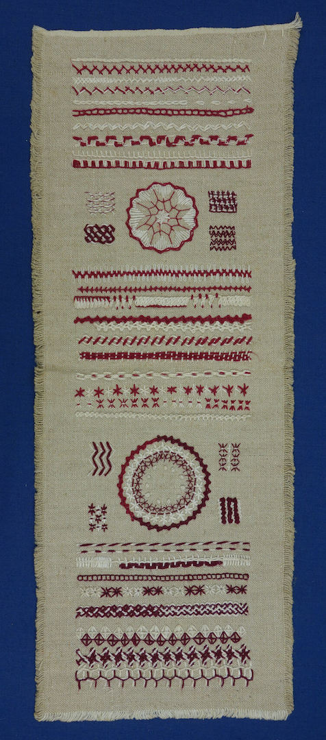 Sampler by Grethe la Croix, 1960s, the Netherlands (TRC 2017.0223), with many different stitches.