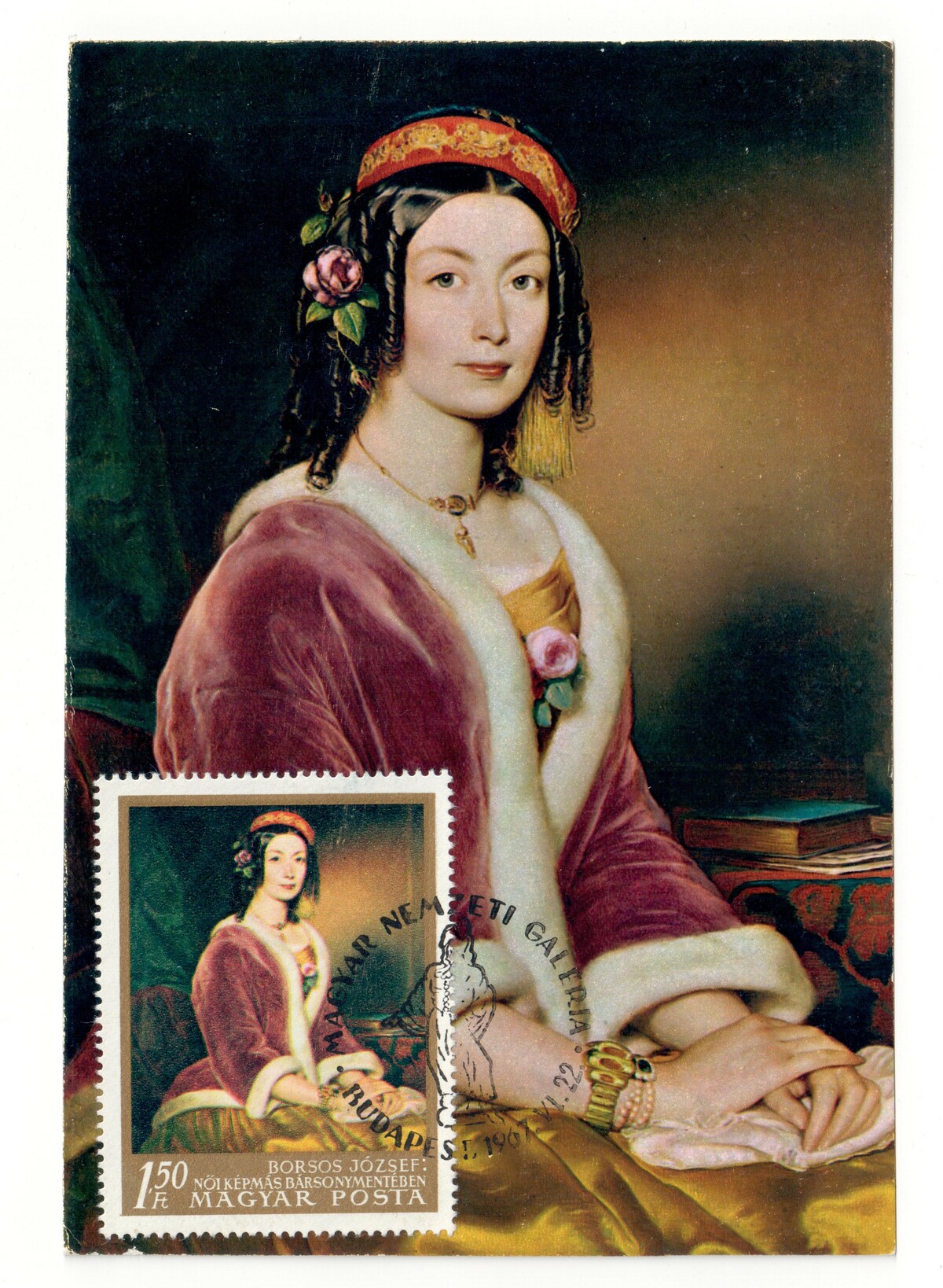 Postcard depicting a painting of a woman wearing a red velvet dress (Hungary 1967). The painting is by József Borsos Józef (1821-1883). The painting is now in the Hungarian National Gallery, Budapest.In the lower left hand corner is a postage stamp with the same painting (TRC 2018.2544).