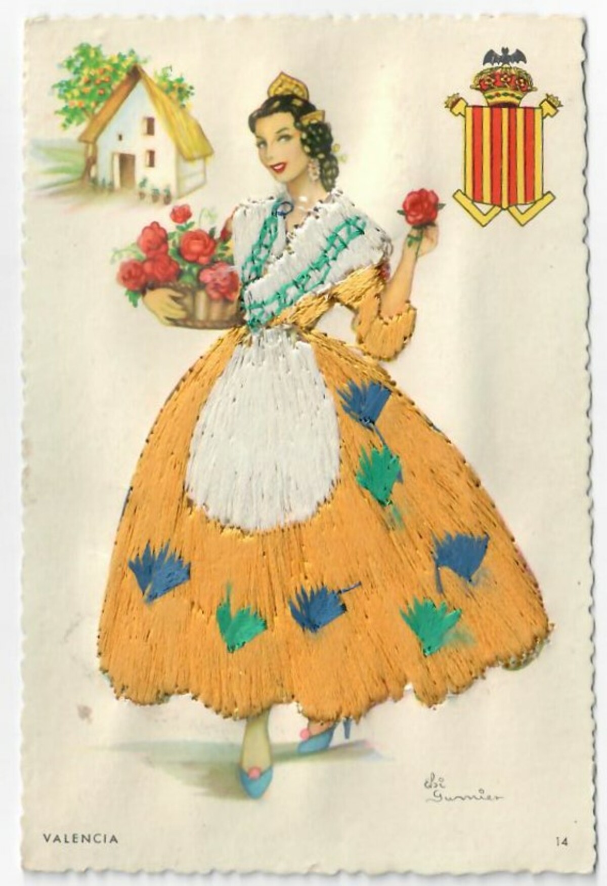 Hand embroidered postcard from Spain, with a scene from Valencia, mid-20th century (TRC 2019.2141).