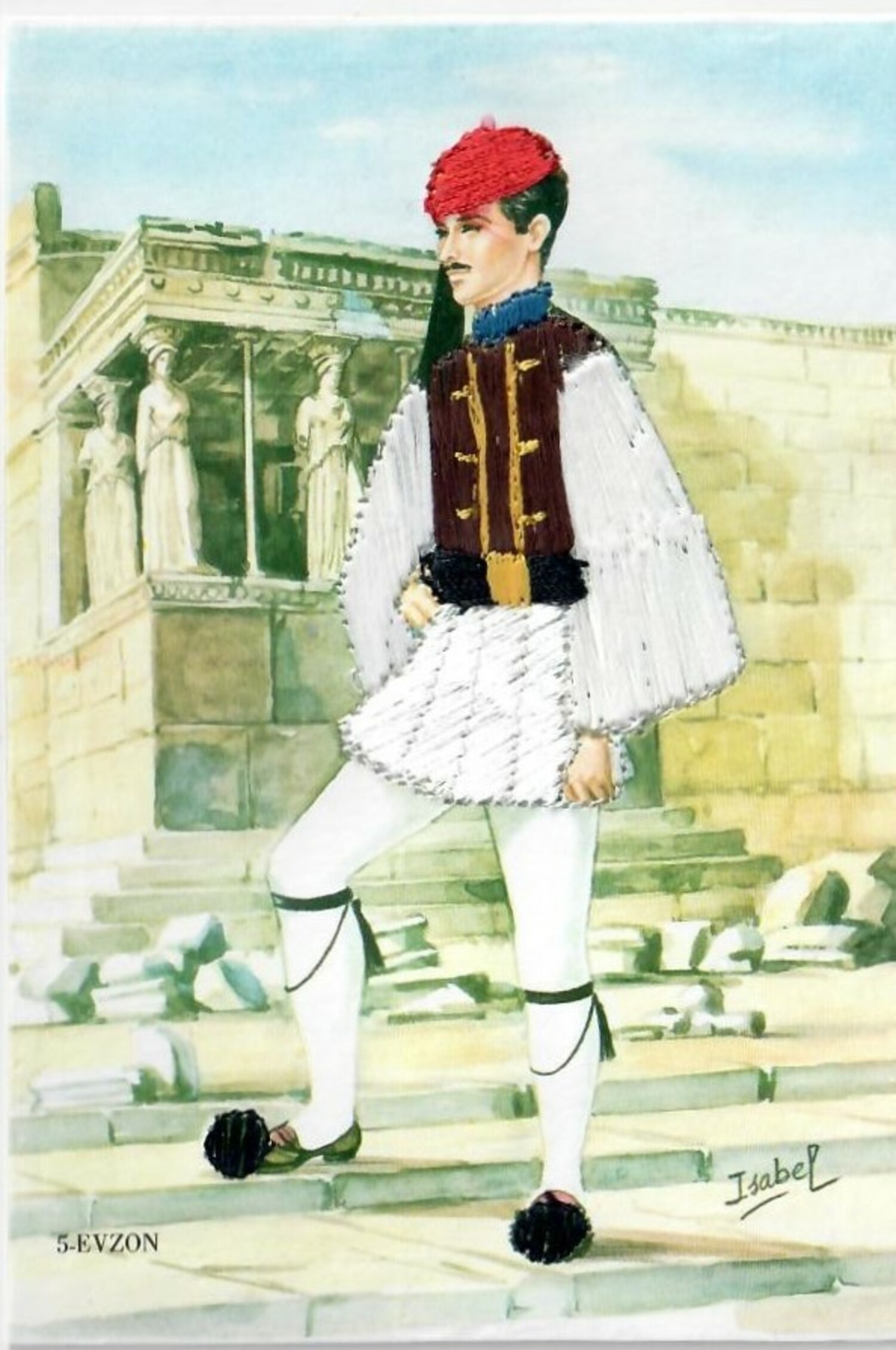 Mid-20th century, hand embroidered postcard from Greece with a man in a Greek fustanella outfit with red cap standing in front of the Acropolis (TRC 2019.2145).