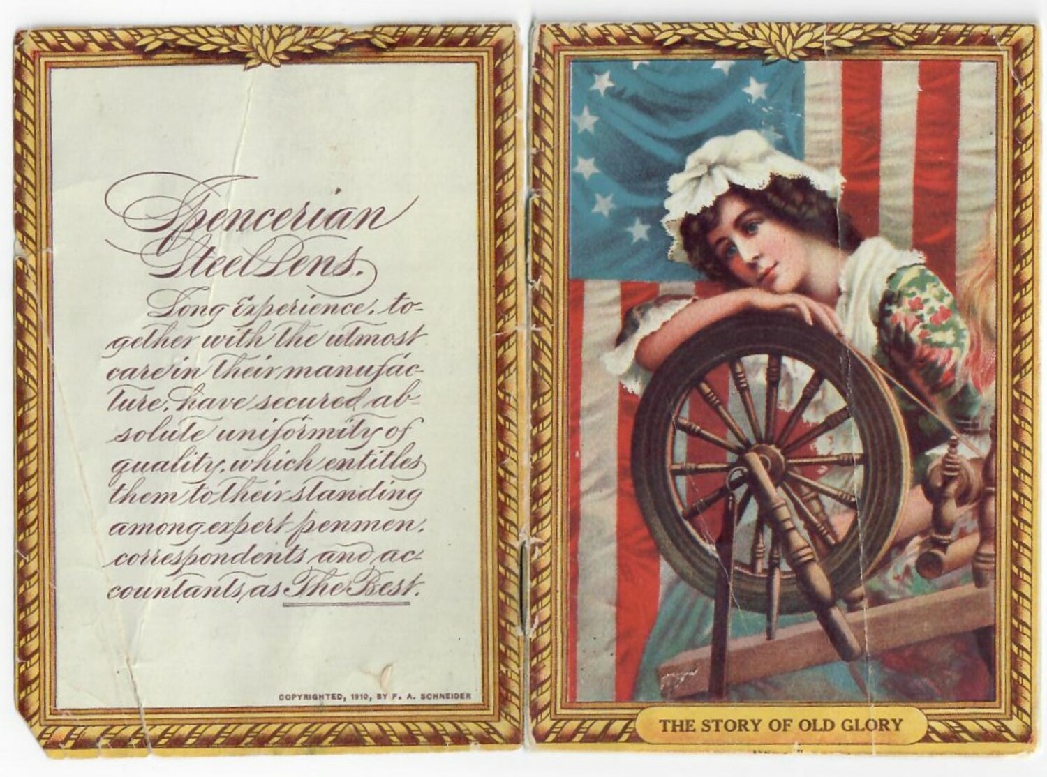 Early 20th century American booklet depicting a woman next to a spinning wheel and the text: "The story of Old Glory" (TRC 2020.4243).