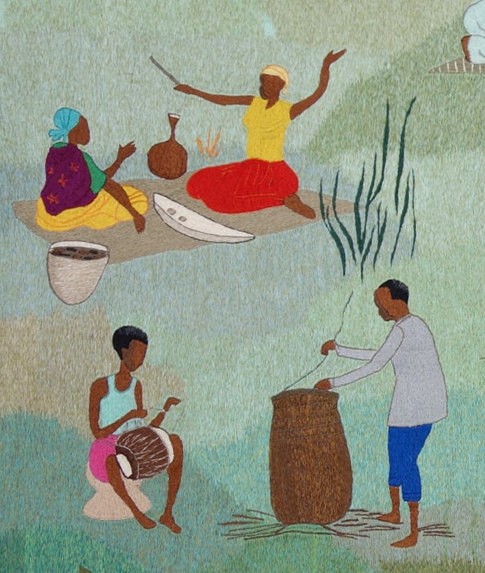 Detail of a Savane Kabuye embroidery, Rwanda, 2020 (TRC 2021.0500a).