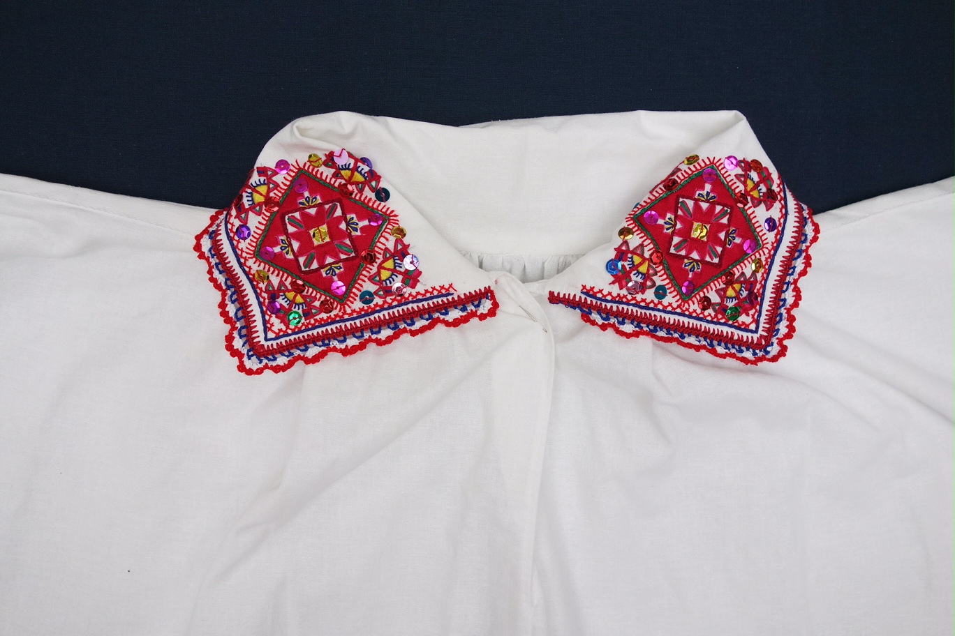 Detail of a festive woman's blouse with embroidered collar, from the island of Kihnu, Estonia, early 21st century (TRC 2021.1829).