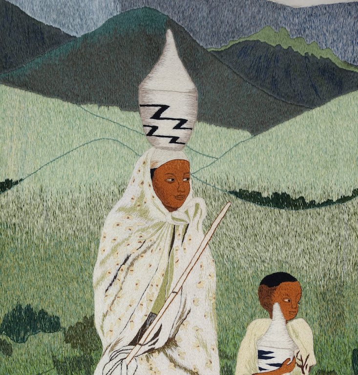 Detail of an embroidered wall hanging created by the Savane Kabuye collective in Rwanda. This collective was established in 1997 by Christiane Rwagatare, and it introduced new techniques and a new representational repertoire for embroideries, in a country devastated by civil war and mass killings.