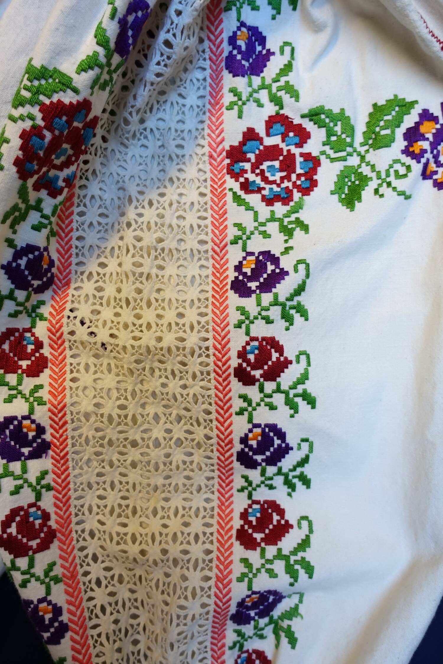 Embroidered detail of Romanian/Ukrainian vashyvanka (TRC 2022.0379).