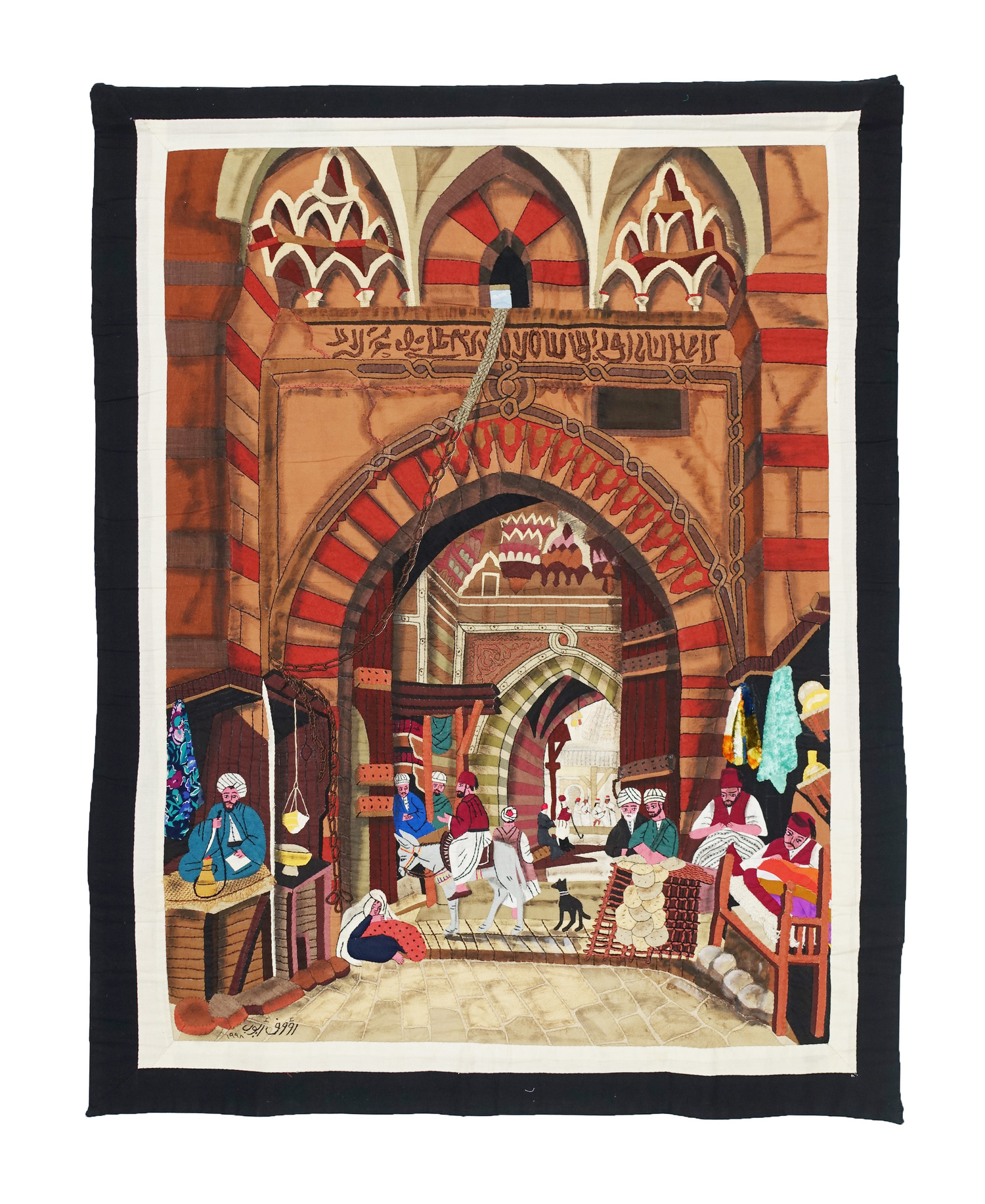 Appliqué panel from Egypt, c. 2000. Part of the so-called Arizona collection, recently acquired by the TRC (TRC 2022.1805). The scene appears to be inspired by a print by David Robert (1796-1864) called the 'Bazaar of the Silk Mercers' (c. 1846).