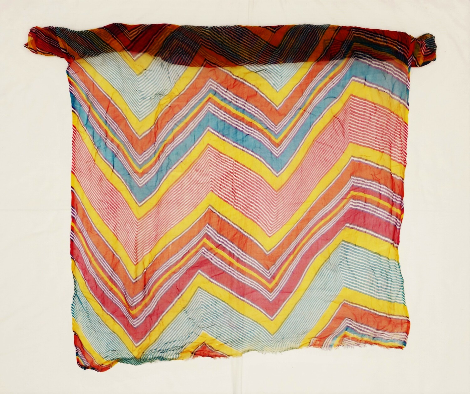 Long length of leheria cloth with a colourful design of diagonal stripes in various widths and bright colours. Udaipur, Rajasthan, India, 1980 (TRC 2022.2119).