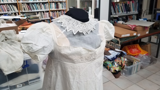 Detail of Empire-style dress, with chemisette, early 19th century, recently donated to the TRC (2022.3163).