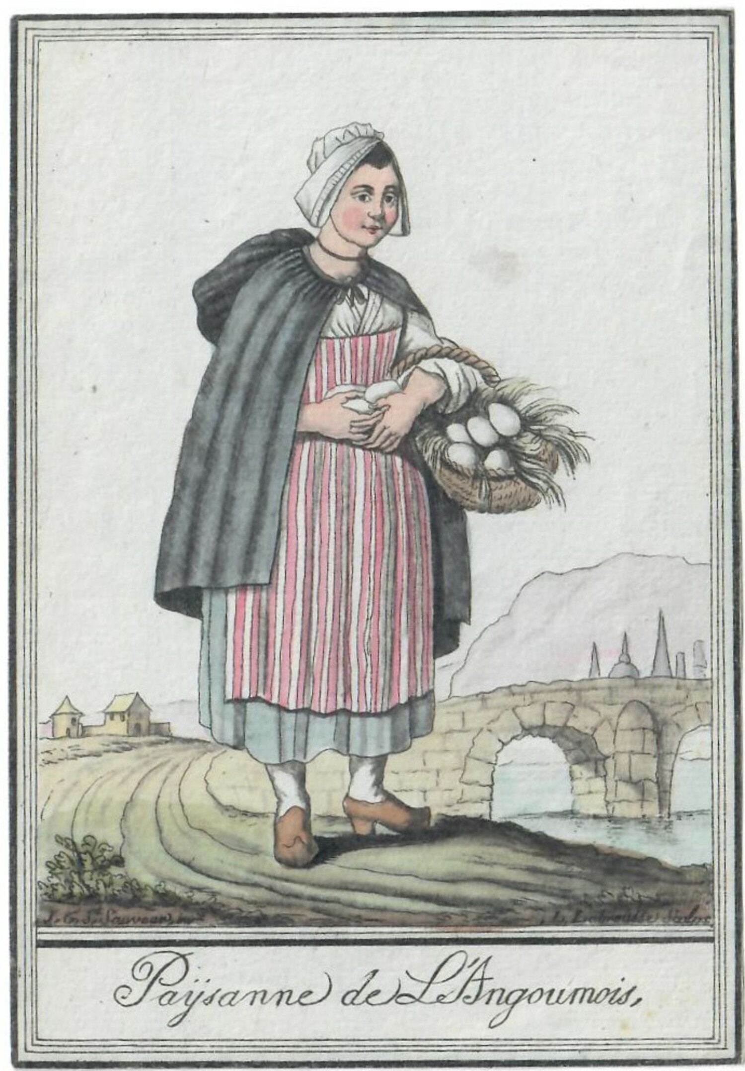 Paysanne de l'Angoumois (Southwest France), wearing clogs. Costume print, France, late 18th century  (TRC 2023.0388).