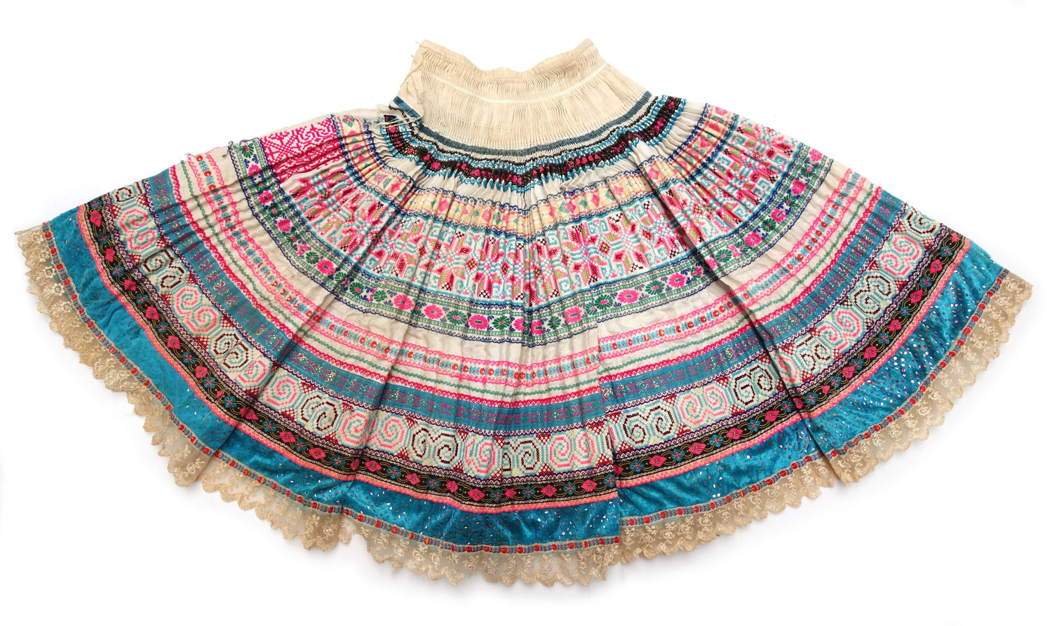 Fig. 14. Skirt, cotton, acrylic, synthetic, and metal. Yunnan Miao, China, 20th century (TRC 2024.2694).