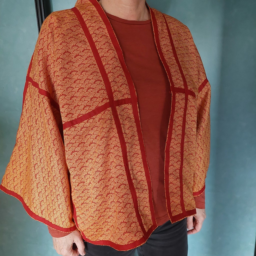A haori-like jacket made by TRC volunteer Alice van Duijnen from furoshiki received during a TRC crowdfunding campaign. Photograph by Alice van Duijnen.