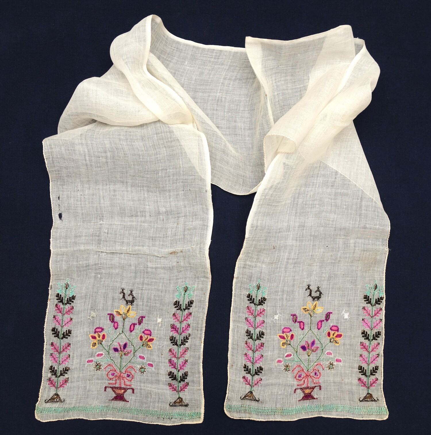 Fig. 6. Long white sash with embroidered motifs. Former Yugoslavia, 20th century (TRC 2025.0232).