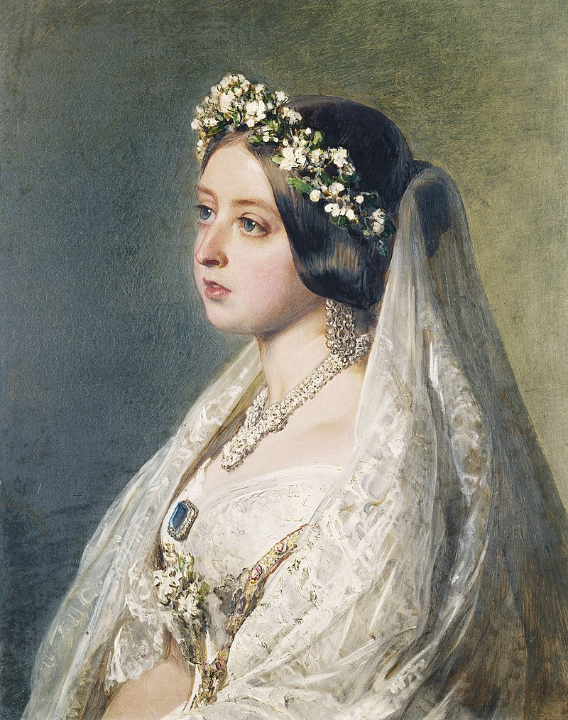 Portrait of Queen Victoria wearing her wedding dress, head wreath and veil made of Honiton lace, painted by Franz Xaver Winterhalter, 1847. RCIN 400885.