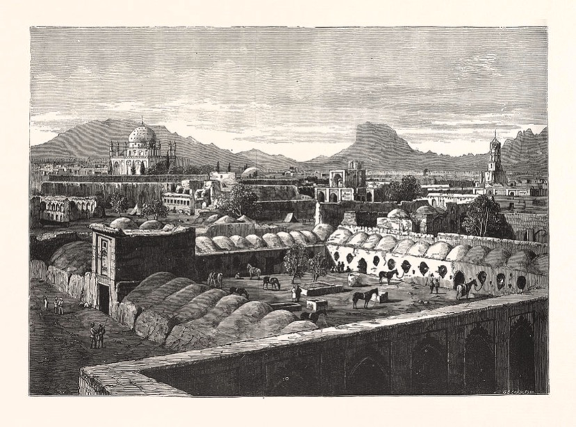 Wood engraving based on a photograph of the Kandahar citadel where Harry Lumsden and his team stayed in 1857-1858. The Illustrated London News, 14 August 1880, p. 157. Public domain. Inside the citadel was a filature for sericulture.