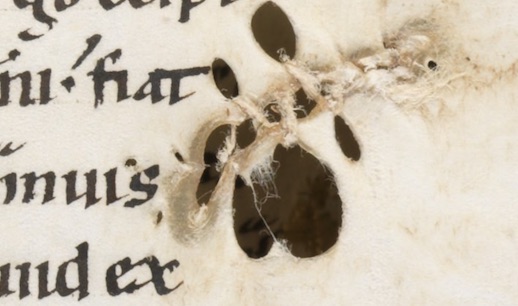 A mended slit using simple stitching that has been pulled so tight that in the process more holes were created (Engelberg, Stiftsbibliothek / Cod. 22 – Gregorius M., Moralia in Job, t. III / f. 36r).
