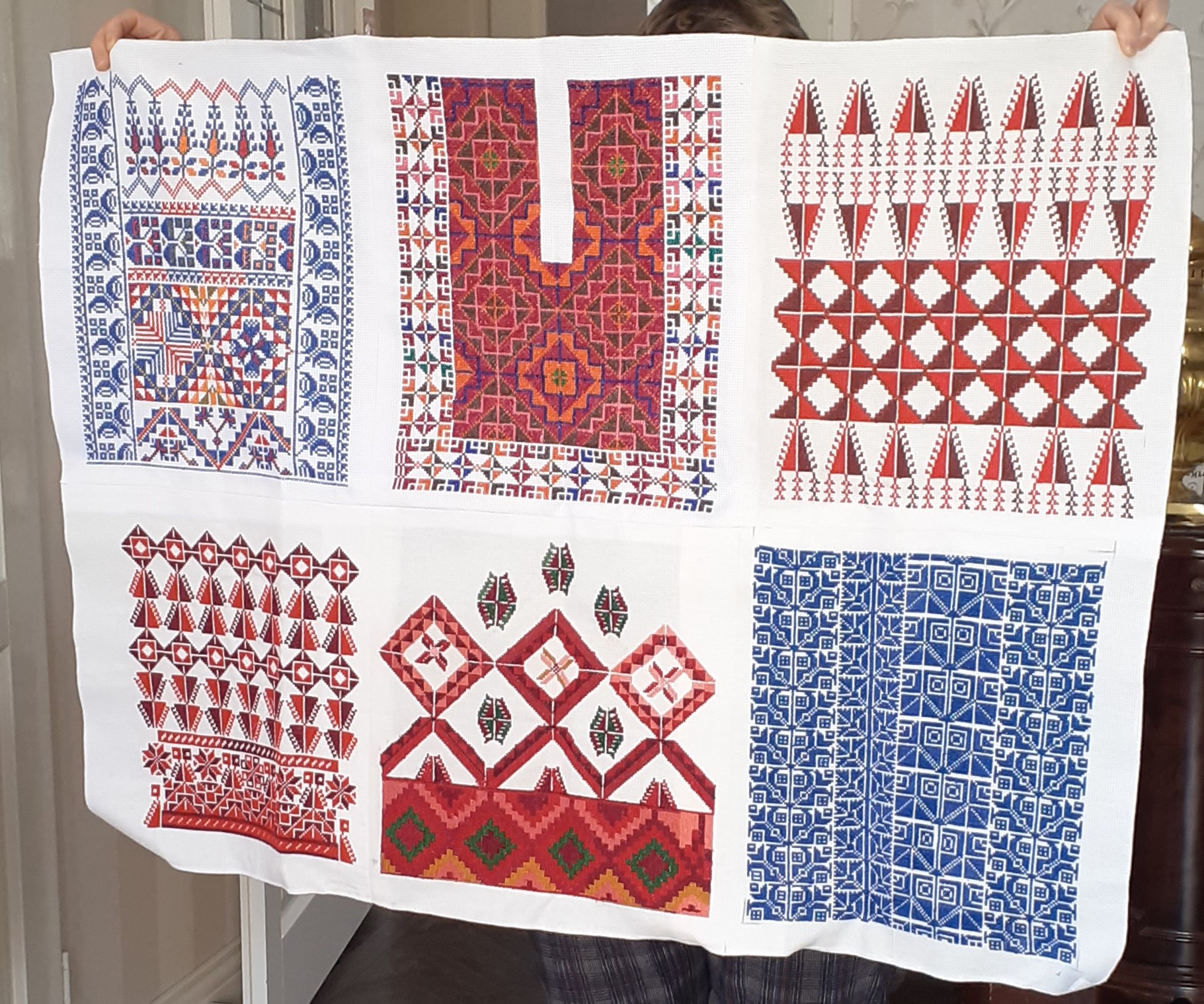 A panel with six Palestinian embroidery samplers, worked by the women of an embroidery group in Capelle aan den IJssel, 2021.