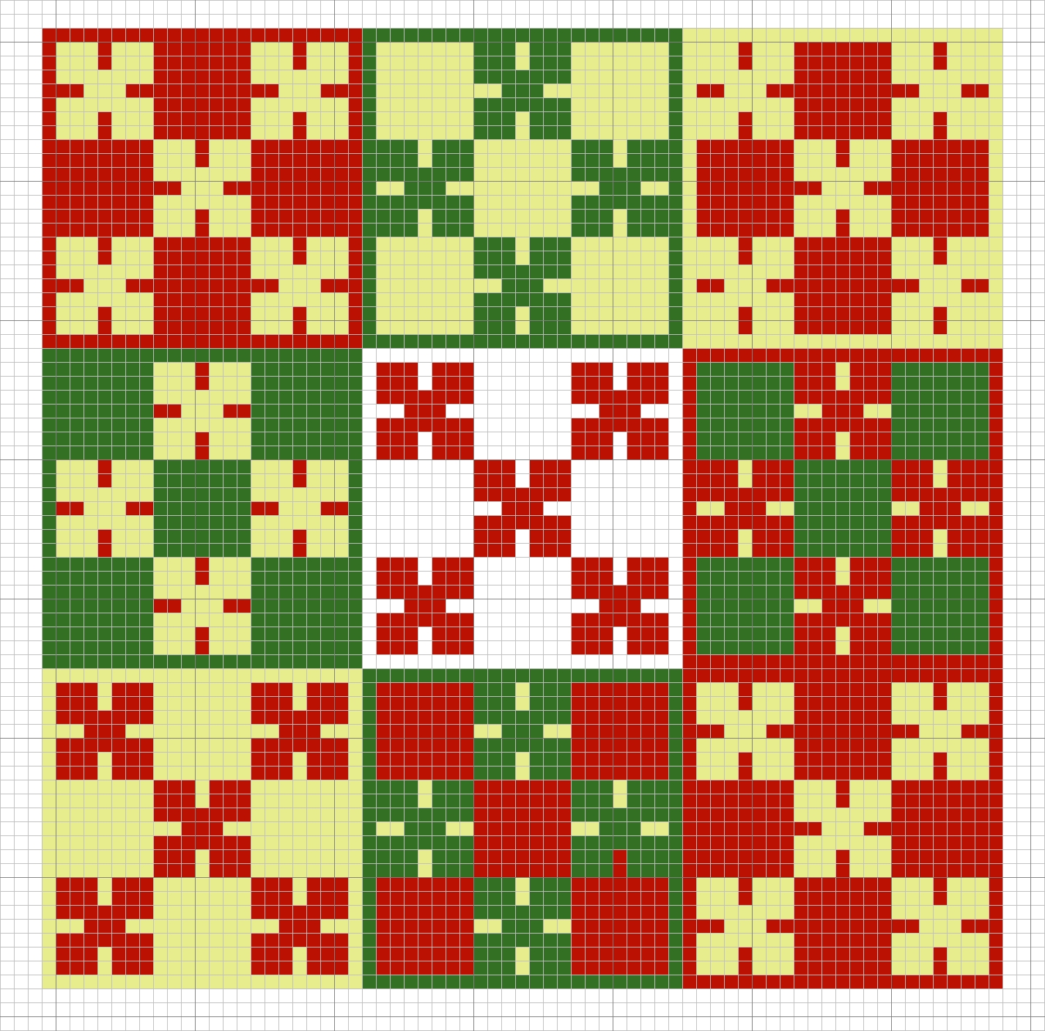 Chart of Pattern 4: Three rows of the completed squares worked in various combinations of red, white, green and pale yellow (chart by Gillian Vogelsang-Eastwood).