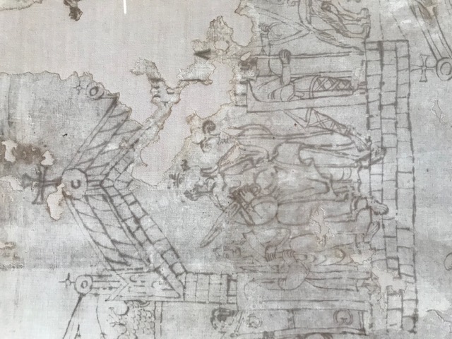 Detail of 11th/12th century, partially worked embroidered panel, showing the Biblical story of King David and his son, Absalom. The detail shows King David sitting on his throne. Courtesy Sens Museum archives (photograph Willem Vogelsang).