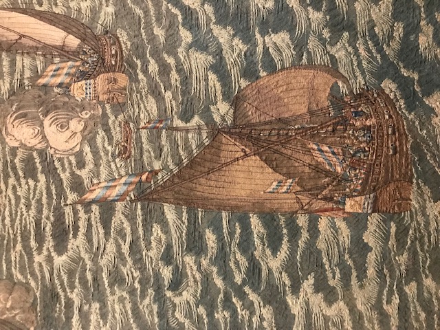 Detail of the 'Battle at Lillo', in February 1573, showing a ship of the Dutch Protestants, with the orange-white-blue flag of the Prince of Orange. Design by Hendrik Vroom, woven in Middelburg.