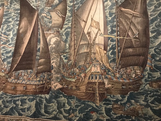 Detail of 'The siege of Veere', May 1572. Two 'rebel' ships attacking a Spanish ship. The tapestry was designed by Hendrik Vroom in 1599, and woven in Middelburg.