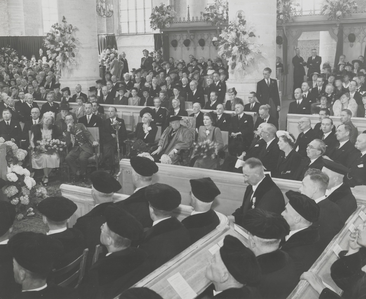 Fig.  In 1946 Winston Churchill was awarded an honorary doctorate at Leiden University. Here he is sitting in one of the embroidered chairs from Boerhaavelaan 6. Photograph courtesy Nauta family.