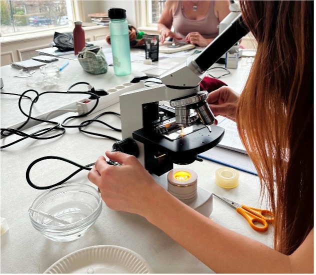 Fig. 1. Observing the micro-structure of different textile fibers during a TRC course. Photograph by author.