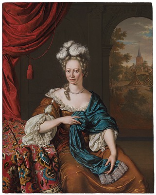 Portrait of a lady in an interior, by Willem van Mieris (Leiden, 1662-1747) and dating to 1694. The painting is in the Leiden Collection, New York.