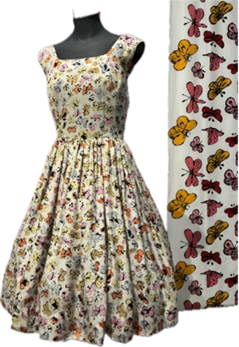 Left: “Happy Butterfly Day”. Printed silk, circa 1955-56. Manufacturer unknown; Right:  “Large Butterflies”. Printed cotton, circa 1955-56.  D. B. Fuller & Co., Inc.