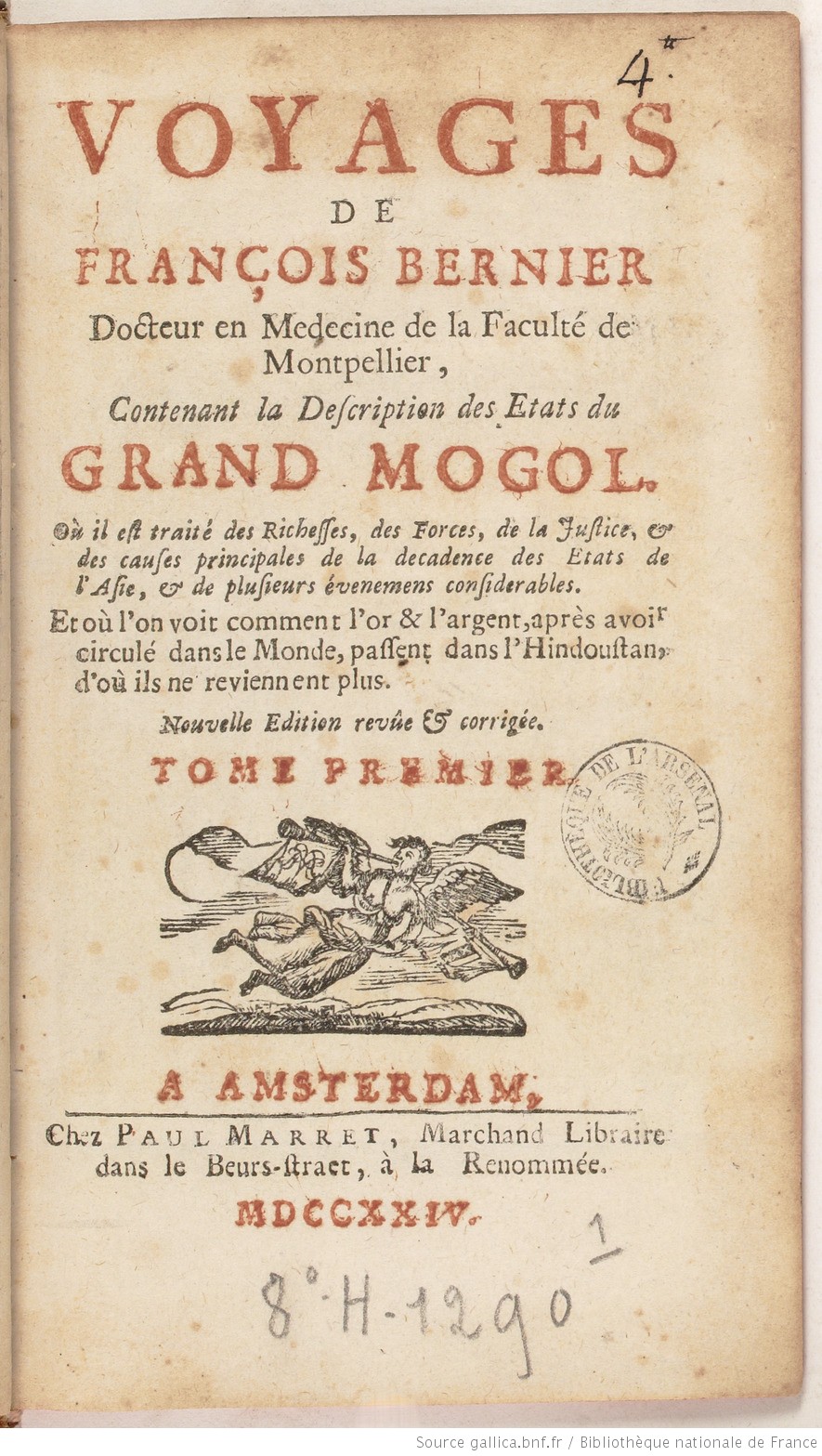 Title page of the Voyages ..... by François Bernier, published in Amsterdam in 1724.