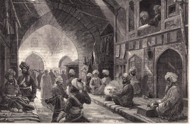 Wood engraving of the Charsu ('four sides'), the centre of the Kandahar  bazaar. The Graphic, front page, 4 September 1880. Public domain.
