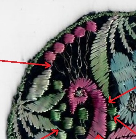 The red arrows point to where the bobbin threads have been moved from one area of the motif to another on the front surface of the ground cloth.  1920s-1930s, the Netherlands, TRC 2021.2473c